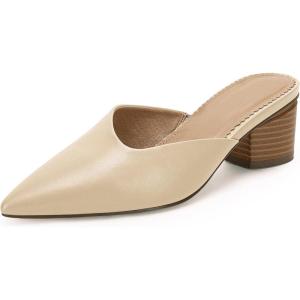 Coutgo Womens Pointed Toe V Cut Mules Chunky Block Heels Slip On Clogs Fashion Office Slides Shoes(Light Khaki)