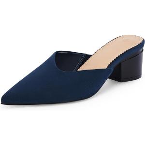 Coutgo Womens Pointed Toe V Cut Mules Chunky Block Heels Slip On Clogs Fashion Office Slides Shoes(Navy)