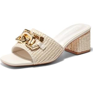 Coutgo Womens Raffia Slide Sandals Chunky Block Heeled Square Open Toe Metal Chain Slip on Mules Dressy Shoes(Beige)