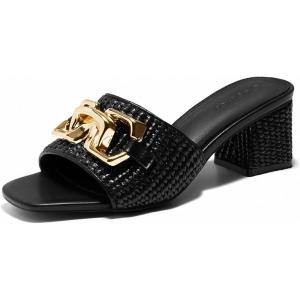 Coutgo Womens Raffia Slide Sandals Chunky Block Heeled Square Open Toe Metal Chain Slip on Mules Dressy Shoes(Black)