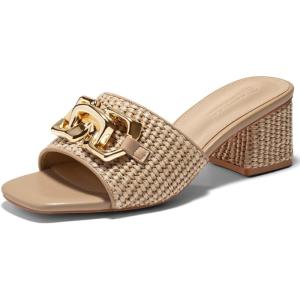 Coutgo Womens Raffia Slide Sandals Chunky Block Heeled Square Open Toe Metal Chain Slip on Mules Dressy Shoes(Coffee)