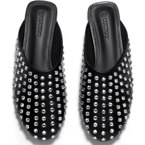 Coutgo Women’s Rhinestone Mules Flats Sparkly Leather Slip On Shoes Slippers Comfortable Dress Backless Shoes, Black, Size 9