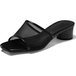 Coutgo Womens Slide Sandals Mesh Chunky Heels Mules Square Open Toe Slip On Summer Dress Shoes(Black)