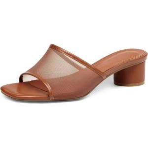 Coutgo Womens Slide Sandals Mesh Chunky Heels Mules Square Open Toe Slip On Summer Dress Shoes(Brown)