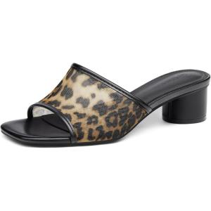 Coutgo Womens Slide Sandals Mesh Chunky Heels Mules Square Open Toe Slip On Summer Dress Shoes(Leopard)