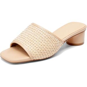 Coutgo Womens Slide Sandals Mesh Chunky Heels Mules Square Open Toe Slip On Summer Dress Shoes(Raffia Apricot)