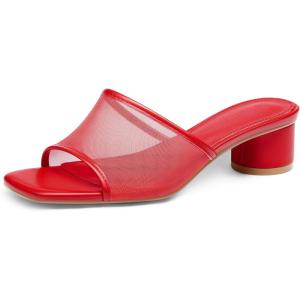 Coutgo Womens Slide Sandals Mesh Chunky Heels Mules Square Open Toe Slip On Summer Dress Shoes(Red)