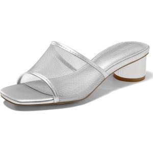 Coutgo Womens Slide Sandals Mesh Chunky Heels Mules Square Open Toe Slip On Summer Dress Shoes(Sliver)