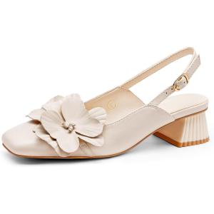 Coutgo Womens Slingback Chunky Heels Flower Closed Square Toe Pumps Work Dress Shoes(Beige)