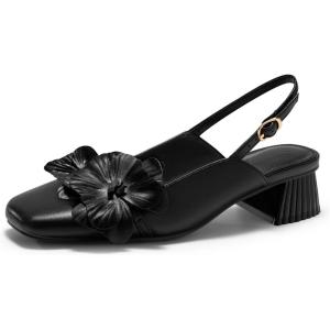 Coutgo Womens Slingback Chunky Heels Flower Closed Square Toe Pumps Work Dress Shoes(Black)