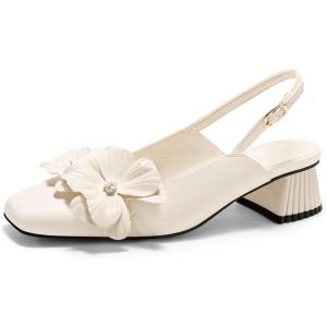 Coutgo Womens Slingback Chunky Heels Flower Closed Square Toe Pumps Work Dress Shoes(Creamy-white)