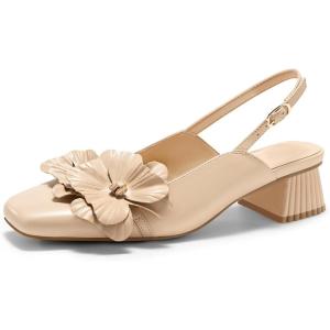 Coutgo Womens Slingback Chunky Heels Flower Closed Square Toe Pumps Work Dress Shoes(Khaki)