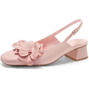 Coutgo Womens Slingback Chunky Heels Flower Closed Square Toe Pumps Work Dress Shoes(Pink)