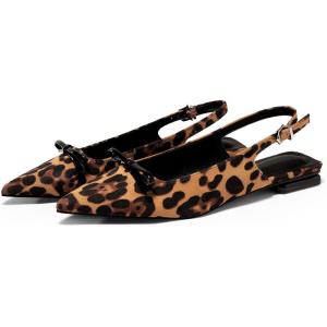 Coutgo Womens Slingback Flats Bow Slip on Dress Shoes Buckle Comfortable Ballet Flats Pointed Toe Flat Party Work Shoes(Leopard)