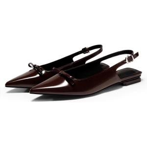Coutgo Womens Slingback Flats Bow Slip on Dress Shoes Buckle Comfortable Ballet Flats Pointed Toe Flat Party Work Shoes(Red-brown)