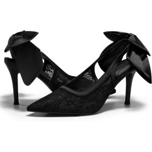 Coutgo Womens Slingback High Heels Bow Closed Pointed Toe Lace Patchwork Party Dress Shoes(Mesh Black)