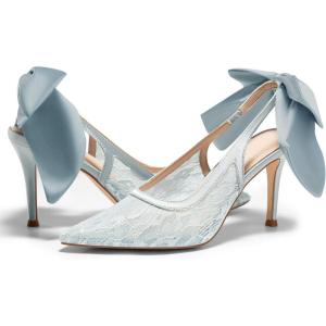 Coutgo Womens Slingback High Heels Bow Closed Pointed Toe Lace Patchwork Party Dress Shoes(Mesh Blue)
