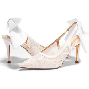 Coutgo Womens Slingback High Heels Bow Closed Pointed Toe Lace Patchwork Party Dress Shoes(Mesh White)
