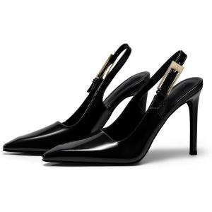 Coutgo Women’s Slingback High Heels Pointed Toe Stilettos Metal Buckle Dress Party Pump Shoes(Black)