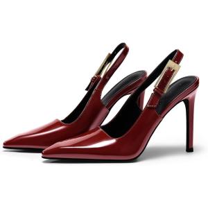 Coutgo Women’s Slingback High Heels Pointed Toe Stilettos Metal Buckle Dress Party Pump Shoes(Burgundy)
