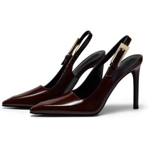 Coutgo Women’s Slingback High Heels Pointed Toe Stilettos Metal Buckle Dress Party Pump Shoes(Red/Brown)