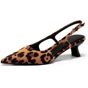 Coutgo Womens Slingback Kitten Heels Closed Pointed Toe Pumps Ankle Strap Work Dress Shoes(Leopard Color)