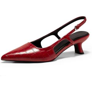 Coutgo Womens Slingback Kitten Heels Closed Pointed Toe Pumps Ankle Strap Work Dress Shoes(Red)