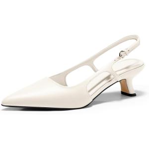 Coutgo Womens Slingback Kitten Heels Closed Pointed Toe Pumps Ankle Strap Work Dress Shoes(White)