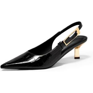 Coutgo Womens Slingback Kitten Heels Closed Pointed Toe Pumps Buckle Strap Wedding Party Dress Shoes(Black Croc)
