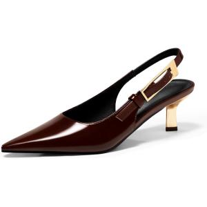 Coutgo Womens Slingback Kitten Heels Closed Pointed Toe Pumps Buckle Strap Wedding Party Dress Shoes(Red-brown)