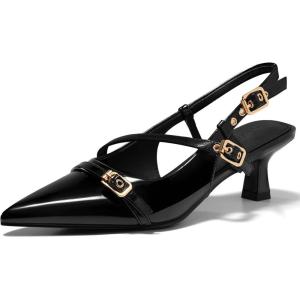 Coutgo Womens Slingback Kitten Heels Low Heel Closed Pointed Toe Pumps Buckle Strap Heeled Sandals Shoes(Black)