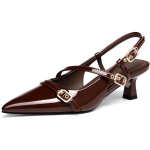 Coutgo Womens Slingback Kitten Heels Low Heel Closed Pointed Toe Pumps Buckle Strap Heeled Sandals Shoes(Dark Brown)