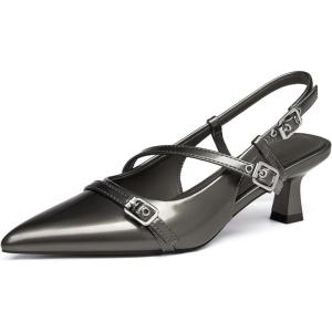 Coutgo Womens Slingback Kitten Heels Low Heel Closed Pointed Toe Pumps Buckle Strap Heeled Sandals Shoes(Dark Grey)