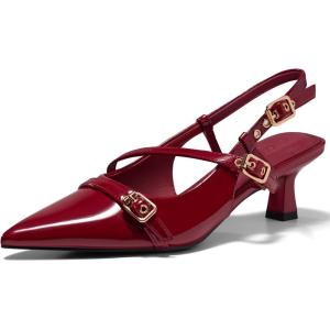Coutgo Womens Slingback Kitten Heels Low Heel Closed Pointed Toe Pumps Buckle Strap Heeled Sandals Shoes(Maroon)