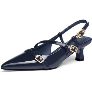 Coutgo Womens Slingback Kitten Heels Low Heel Closed Pointed Toe Pumps Buckle Strap Heeled Sandals Shoes(Navy)