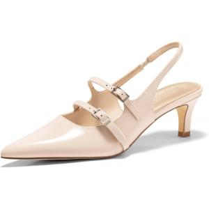 Coutgo Womens Slingback Kitten Heels Mary Jane Pumps Closed Pointed Toe Buckle Strap Wedding Dress Shoes(Beige)