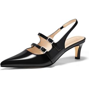 Coutgo Womens Slingback Kitten Heels Mary Jane Pumps Closed Pointed Toe Buckle Strap Wedding Dress Shoes(Black)