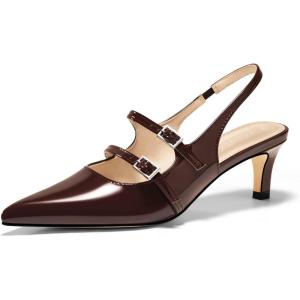 Coutgo Womens Slingback Kitten Heels Mary Jane Pumps Closed Pointed Toe Buckle Strap Wedding Dress Shoes(Brown)