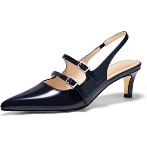 Coutgo Womens Slingback Kitten Heels Mary Jane Pumps Closed Pointed Toe Buckle Strap Wedding Dress Shoes(Navy)