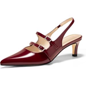 Coutgo Womens Slingback Kitten Heels Mary Jane Pumps Closed Pointed Toe Buckle Strap Wedding Dress Shoes(Red)