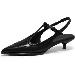 Coutgo Womens Slingback Kitten Heels Oxford T Strap Pumps Low Heel Closed Pointed Toe Vintage Dress Shoes(Black)