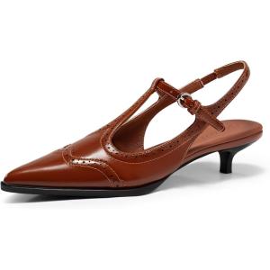 Coutgo Womens Slingback Kitten Heels Oxford T Strap Pumps Low Heel Closed Pointed Toe Vintage Dress Shoes(Brown)