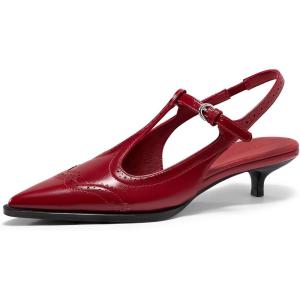 Coutgo Womens Slingback Kitten Heels Oxford T Strap Pumps Low Heel Closed Pointed Toe Vintage Dress Shoes(Red)