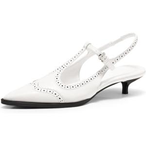 Coutgo Womens Slingback Kitten Heels Oxford T Strap Pumps Low Heel Closed Pointed Toe Vintage Dress Shoes(White)