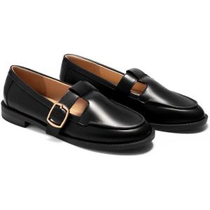 Coutgo Womens Slip On Loafers T-Strap Closed Round Toe Flats Comfortable Work Business Dress Shoes(Black)