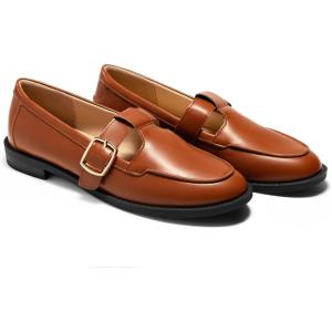 Coutgo Womens Slip On Loafers T-Strap Closed Round Toe Flats Comfortable Work Business Dress Shoes(Brown)