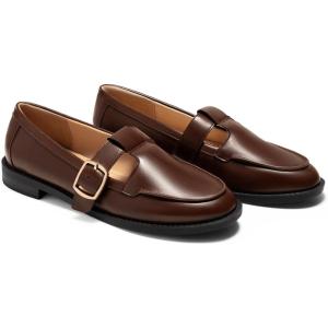 Coutgo Womens Slip On Loafers T-Strap Closed Round Toe Flats Comfortable Work Business Dress Shoes(Dark Brown)