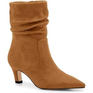 Coutgo Women’s Slouchy Ankle Boots Low Kitten Heel Pointed Toe Booties Side Zipper Fall Shoes(Brown)