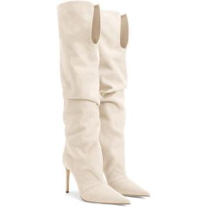 Coutgo Womens Slouchy Knee High Boots High Heel Pointed Toe Sexy Stiletto Pull on Tall Boots Winter Shoes(Beige)