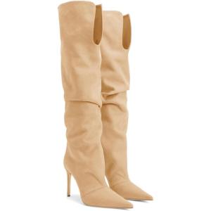 Coutgo Womens Slouchy Knee High Boots High Heel Pointed Toe Sexy Stiletto Pull on Tall Boots Winter Shoes(Khaki)